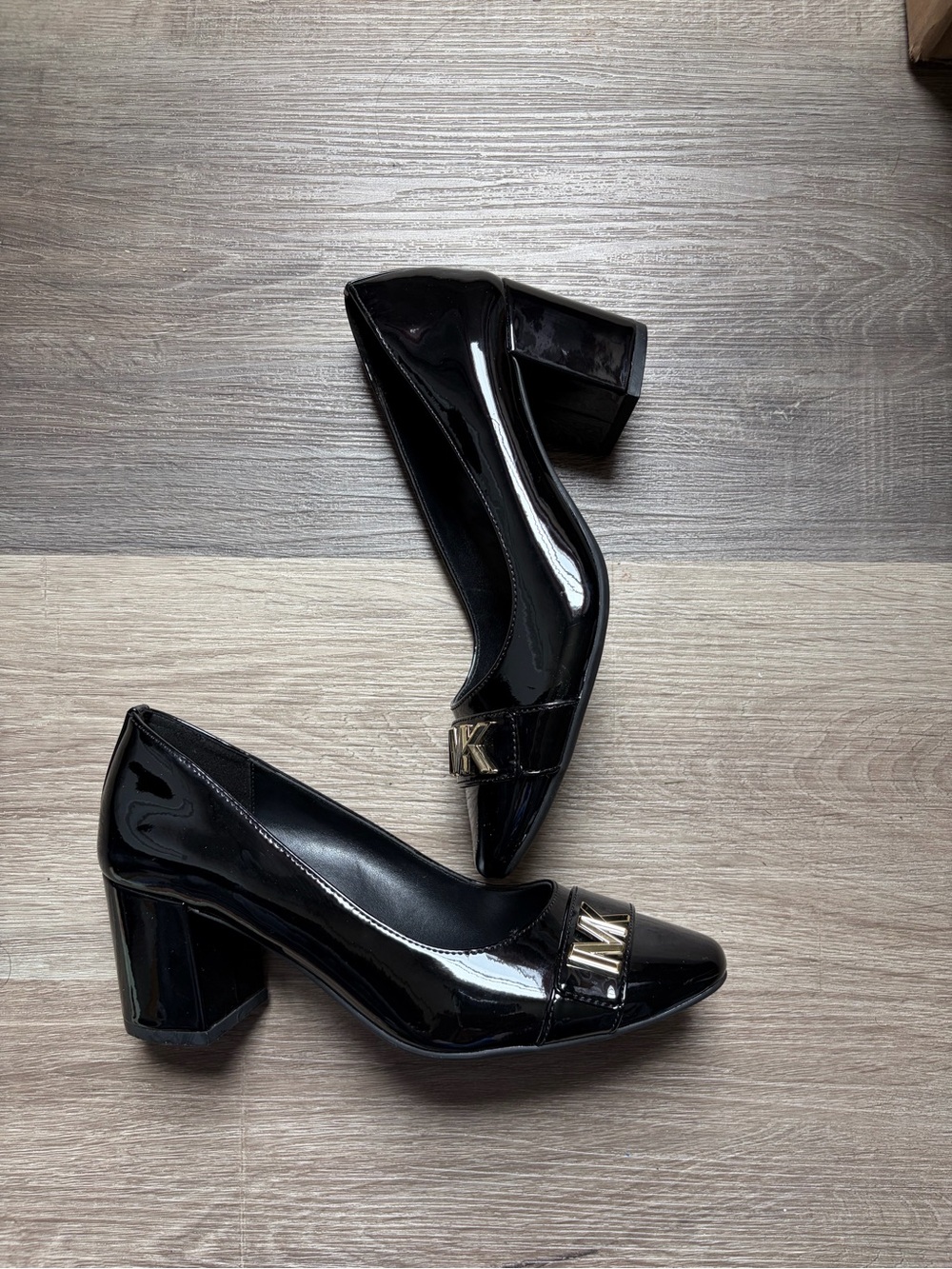 Michael Kors Black Patent Block Heel Pumps with Metallic Accent